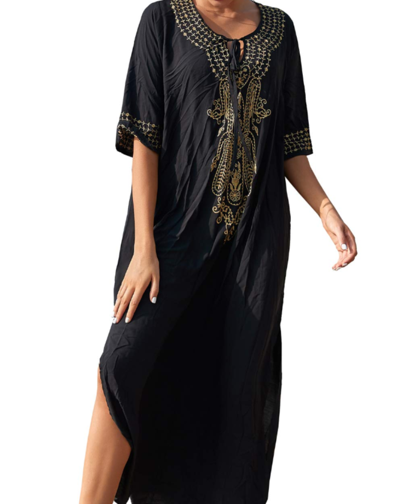 Solea Kaftan-kjole til kvinder – Broderet boheme strandkjole, let og luftig, stor størrelse, sommer cover-up