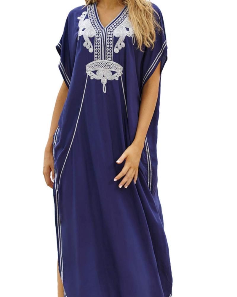Solea Kaftan-kjole til kvinder – Broderet boheme strandkjole, let og luftig, stor størrelse, sommer cover-up