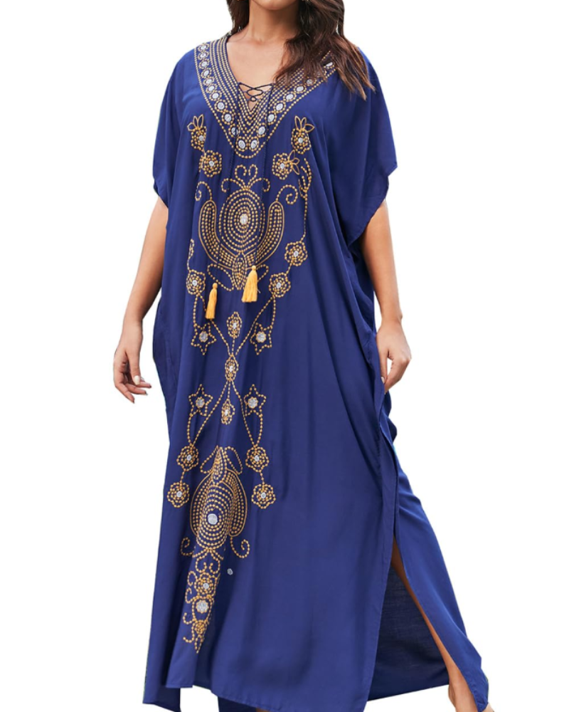 Solea Kaftan-kjole til kvinder – Broderet boheme strandkjole, let og luftig, stor størrelse, sommer cover-up