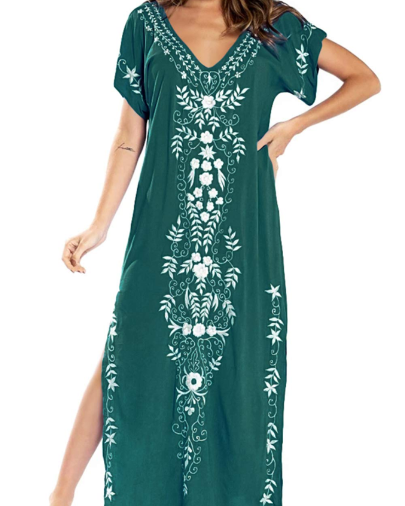 Solea Kaftan-kjole til kvinder – Broderet boheme strandkjole, let og luftig, stor størrelse, sommer cover-up