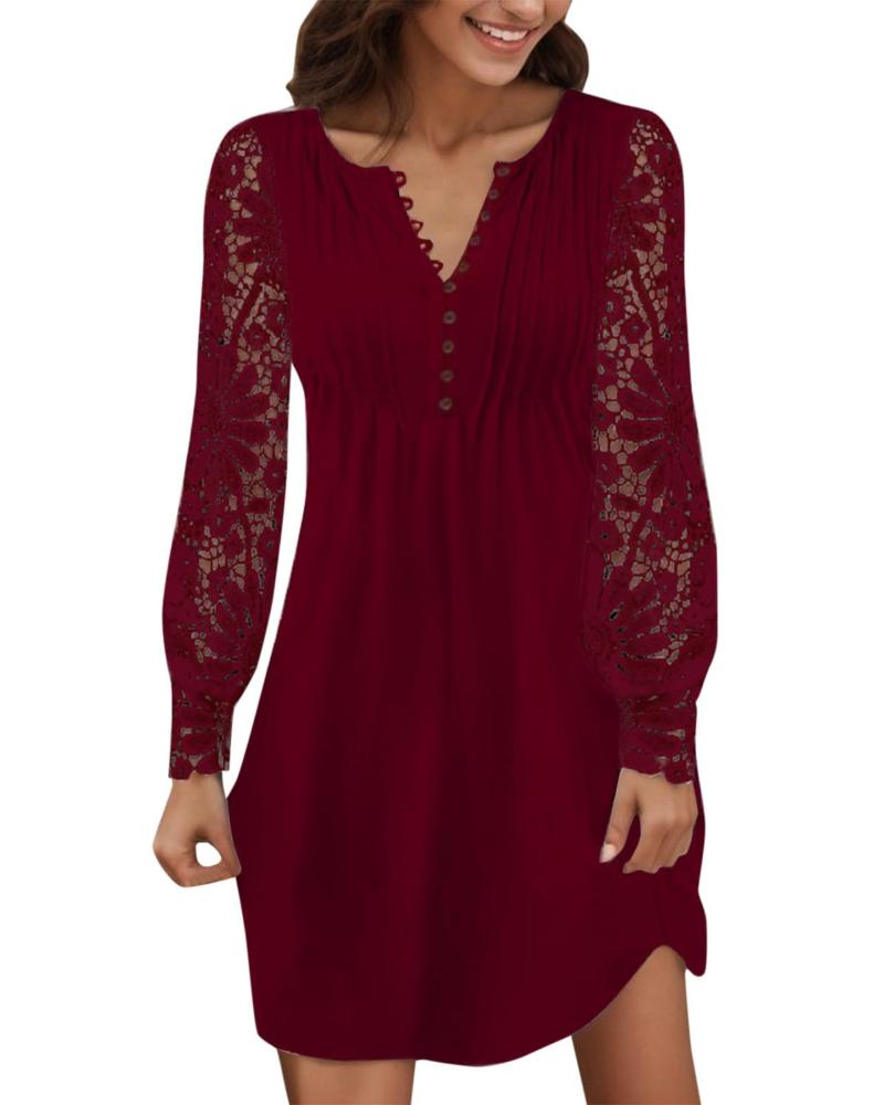 Maricel Robe Femme – Robe Courte Dentelle Col V Manches Longues Coupe Ajustée Chic Élégante