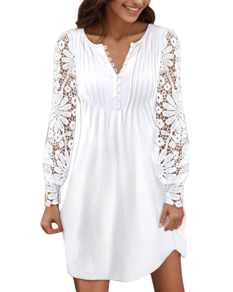 Maricel Robe Femme – Robe Courte Dentelle Col V Manches Longues Coupe Ajustée Chic Élégante