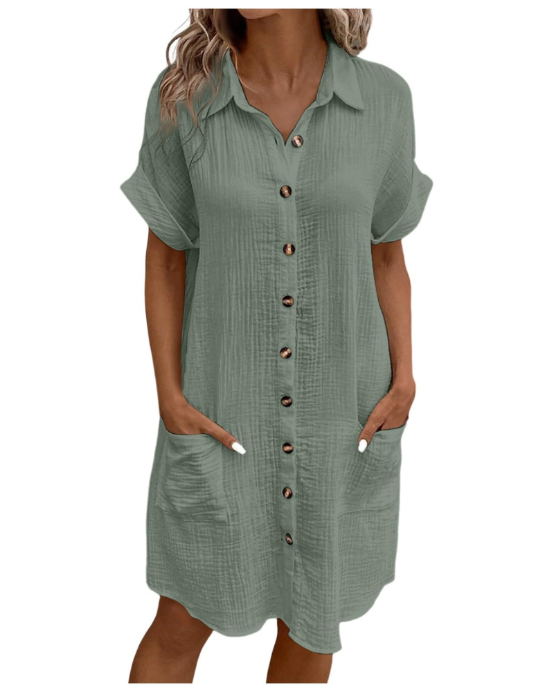 Vestido Yvette para mujer – Vestido camisa con cuello en V abotonado con bolsillos, corte fluido, estilo bohemio chic