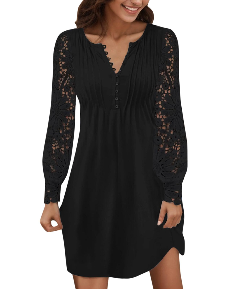 Maricel Robe Femme – Robe Courte Dentelle Col V Manches Longues Coupe Ajustée Chic Élégante