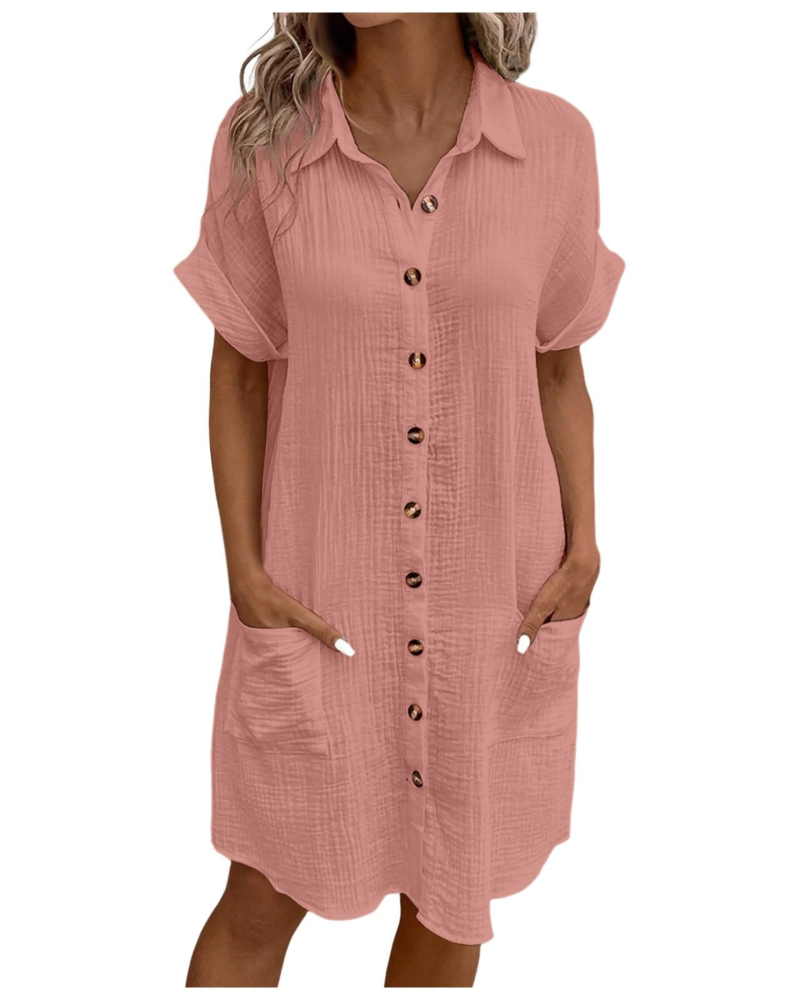 Vestido Yvette para mujer – Vestido camisa con cuello en V abotonado con bolsillos, corte fluido, estilo bohemio chic