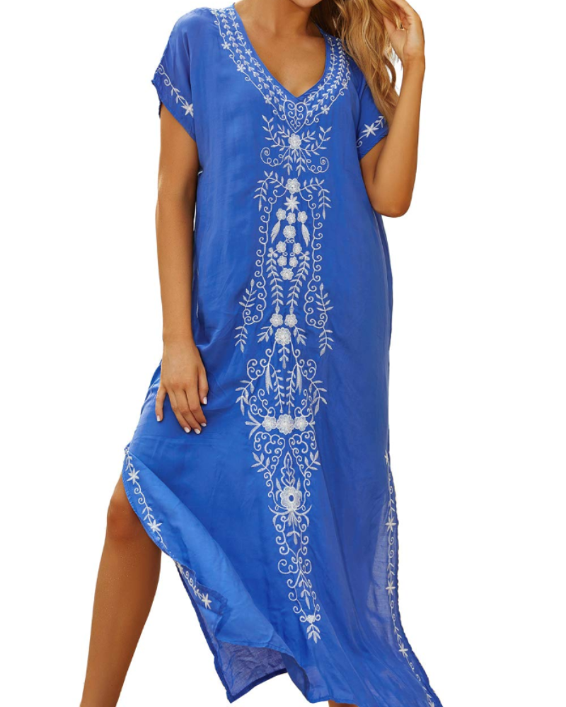 Solea Kaftan-kjole til kvinder – Broderet boheme strandkjole, let og luftig, stor størrelse, sommer cover-up
