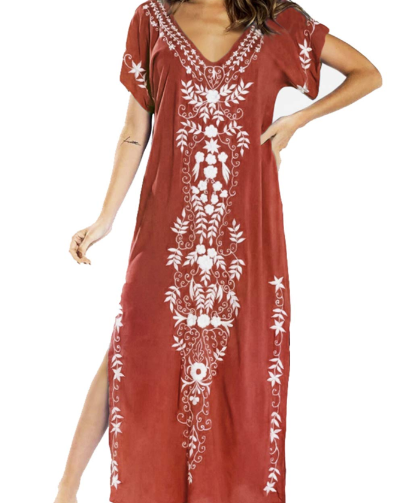 Solea Kaftan-kjole til kvinder – Broderet boheme strandkjole, let og luftig, stor størrelse, sommer cover-up