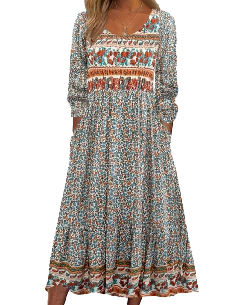 Giana Robe Midi Femme – Imprimé Floral Boho, Col Rond & Poches Coupe Fluide Été