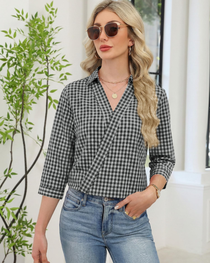 Erma Blusa para Mujer – Cuello en V con Cuello de Camisa, Mangas 3/4 Elegante Casual de Negocios