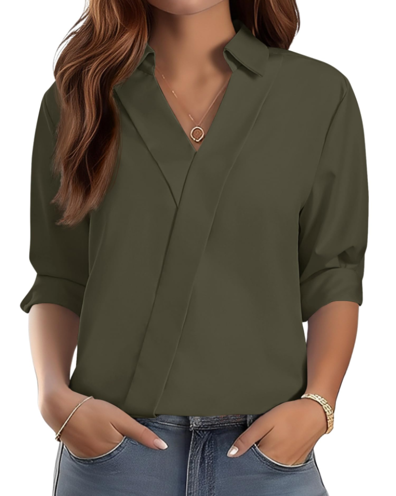 Erma Blusa para Mujer – Cuello en V con Cuello de Camisa, Mangas 3/4 Elegante Casual de Negocios