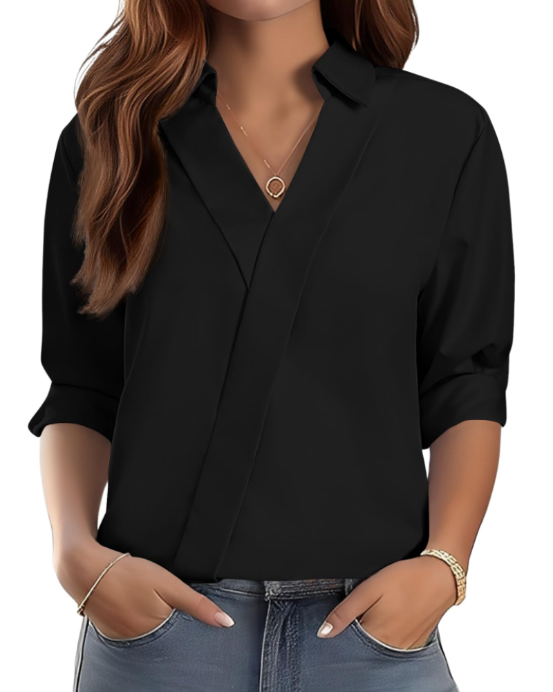 Erma Blusa para Mujer – Cuello en V con Cuello de Camisa, Mangas 3/4 Elegante Casual de Negocios