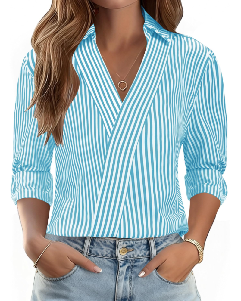 Erma Blusa para Mujer – Cuello en V con Cuello de Camisa, Mangas 3/4 Elegante Casual de Negocios