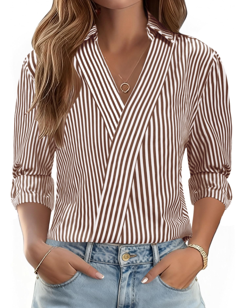 Erma Blusa para Mujer – Cuello en V con Cuello de Camisa, Mangas 3/4 Elegante Casual de Negocios