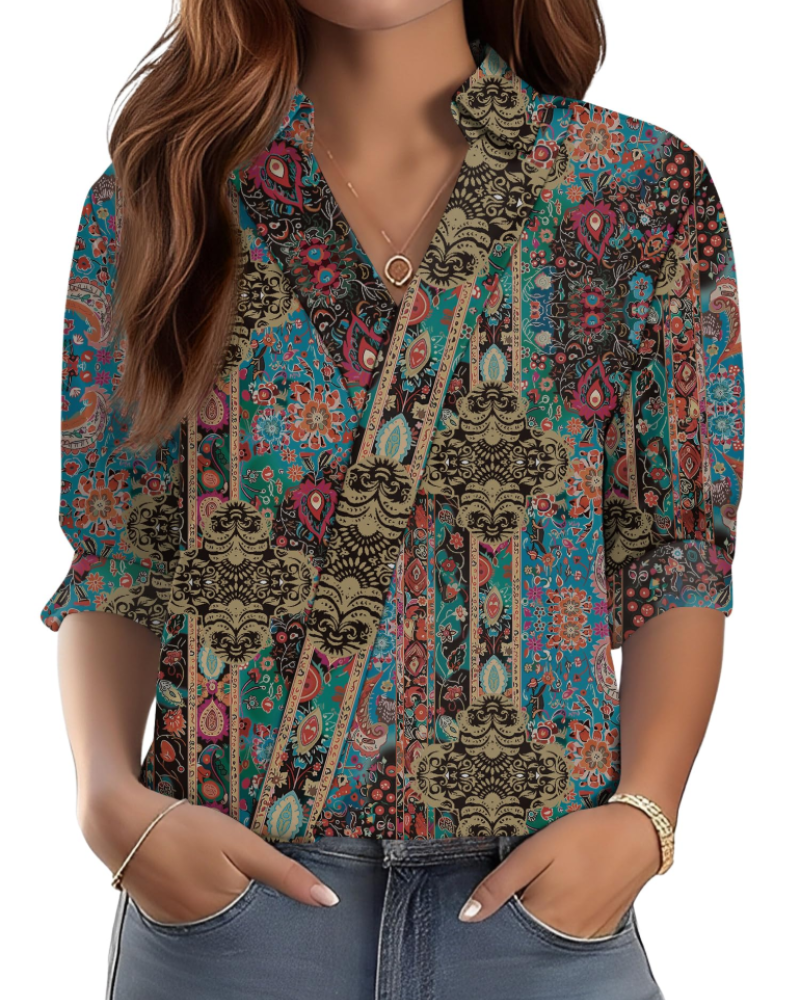 Erma Blusa para Mujer – Cuello en V con Cuello de Camisa, Mangas 3/4 Elegante Casual de Negocios