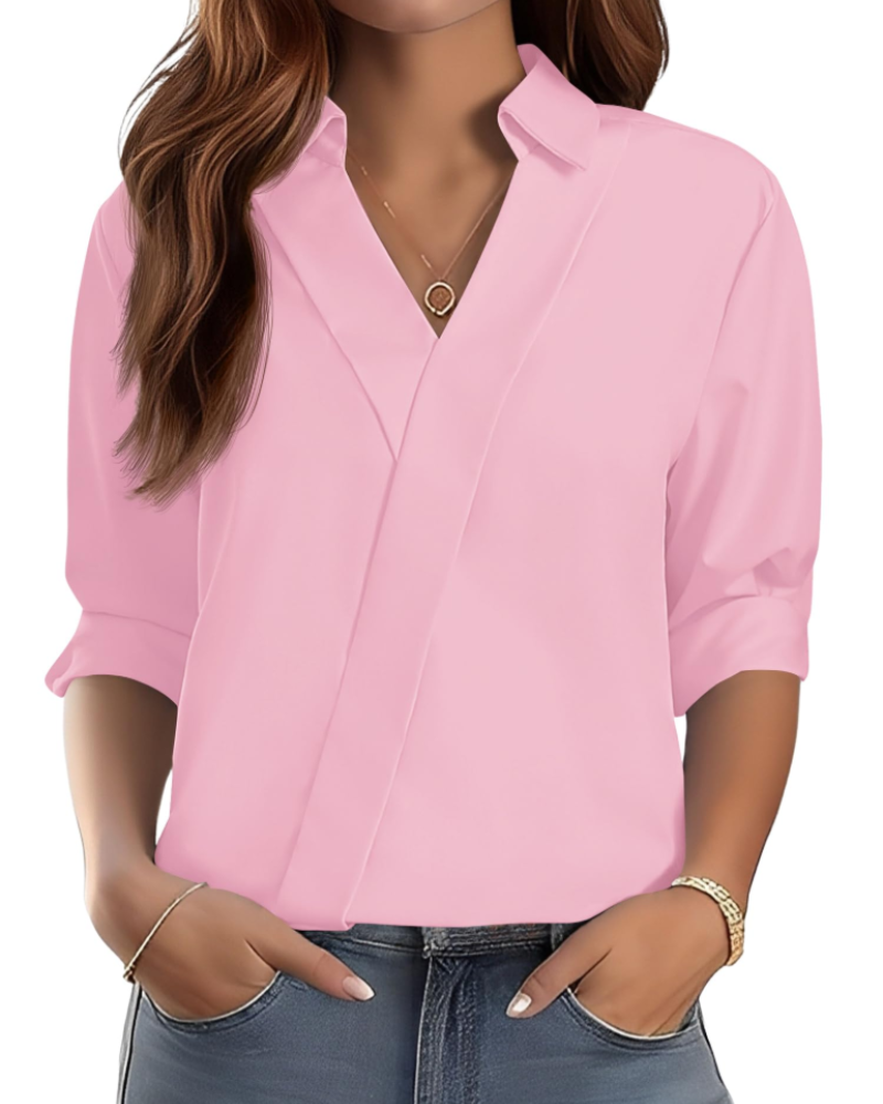 Erma Blusa para Mujer – Cuello en V con Cuello de Camisa, Mangas 3/4 Elegante Casual de Negocios