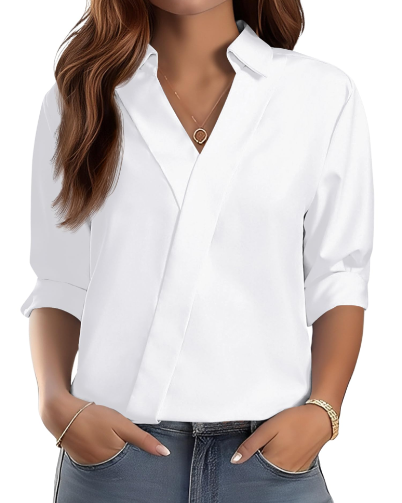 Erma Blusa para Mujer – Cuello en V con Cuello de Camisa, Mangas 3/4 Elegante Casual de Negocios