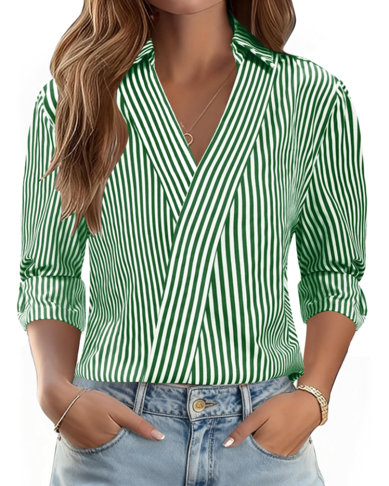Erma Blusa para Mujer – Cuello en V con Cuello de Camisa, Mangas 3/4 Elegante Casual de Negocios