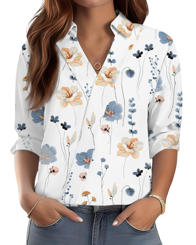 Erma Blusa para Mujer – Cuello en V con Cuello de Camisa, Mangas 3/4 Elegante Casual de Negocios