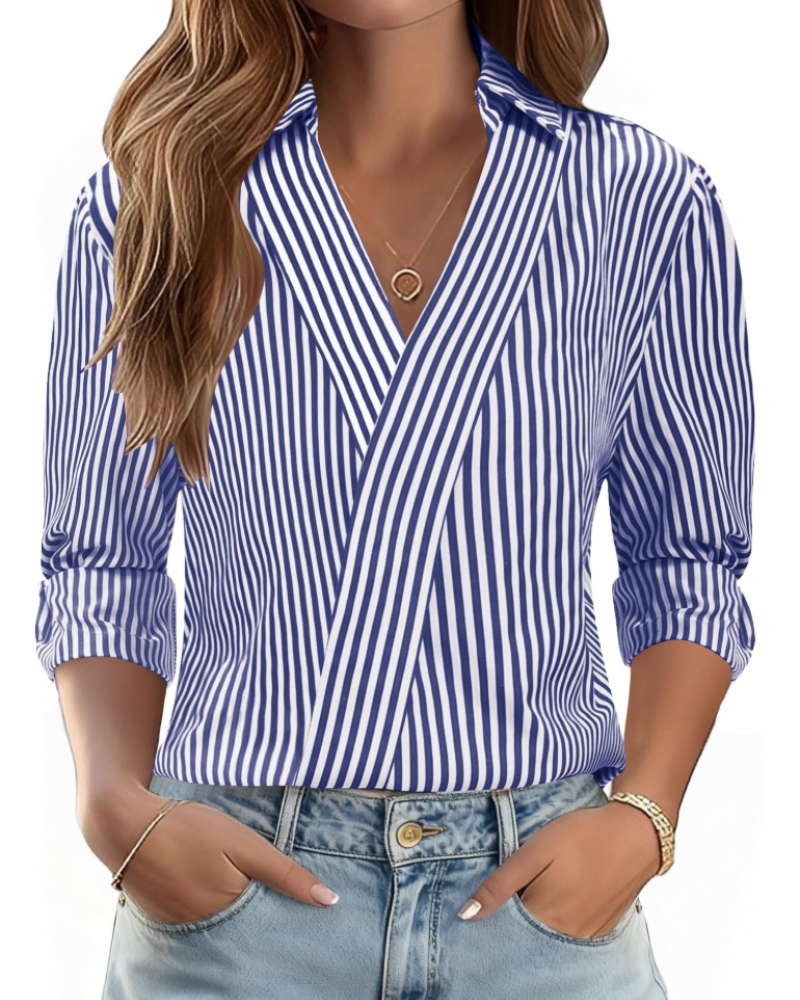 Erma Blusa para Mujer – Cuello en V con Cuello de Camisa, Mangas 3/4 Elegante Casual de Negocios