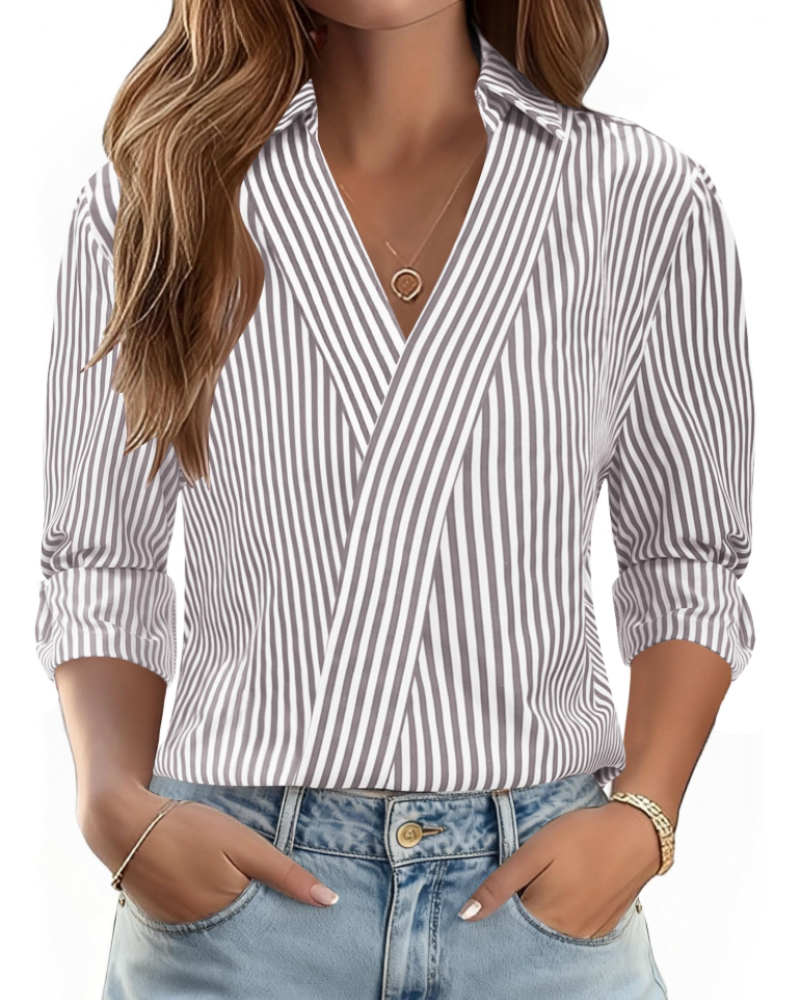 Erma Blusa para Mujer – Cuello en V con Cuello de Camisa, Mangas 3/4 Elegante Casual de Negocios