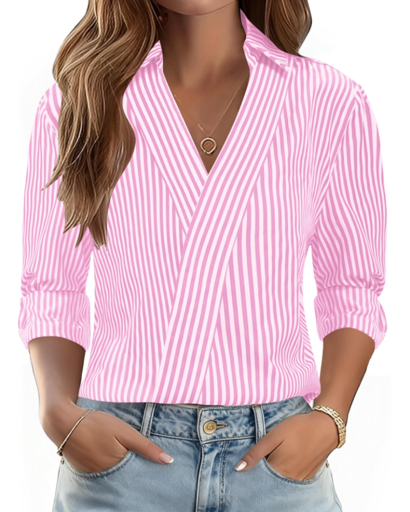 Erma Blusa para Mujer – Cuello en V con Cuello de Camisa, Mangas 3/4 Elegante Casual de Negocios