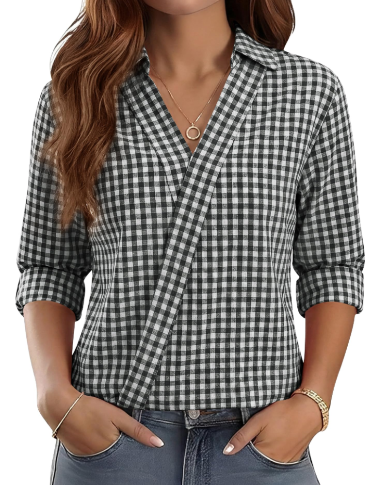 Erma Blusa para Mujer – Cuello en V con Cuello de Camisa, Mangas 3/4 Elegante Casual de Negocios