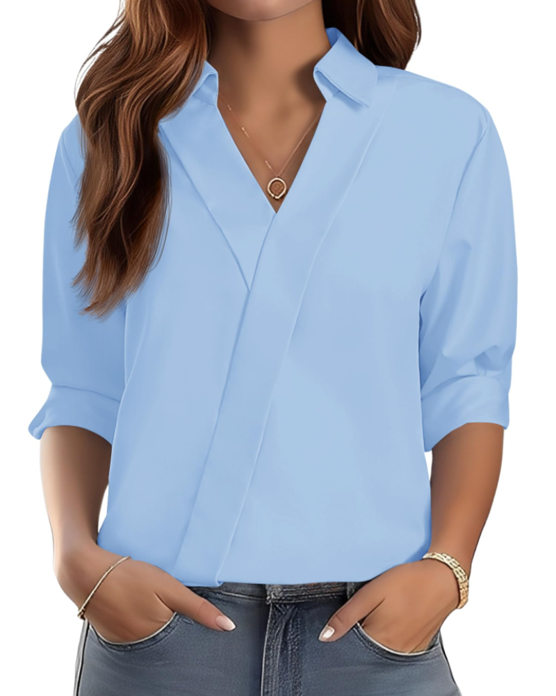 Erma Blusa para Mujer – Cuello en V con Cuello de Camisa, Mangas 3/4 Elegante Casual de Negocios