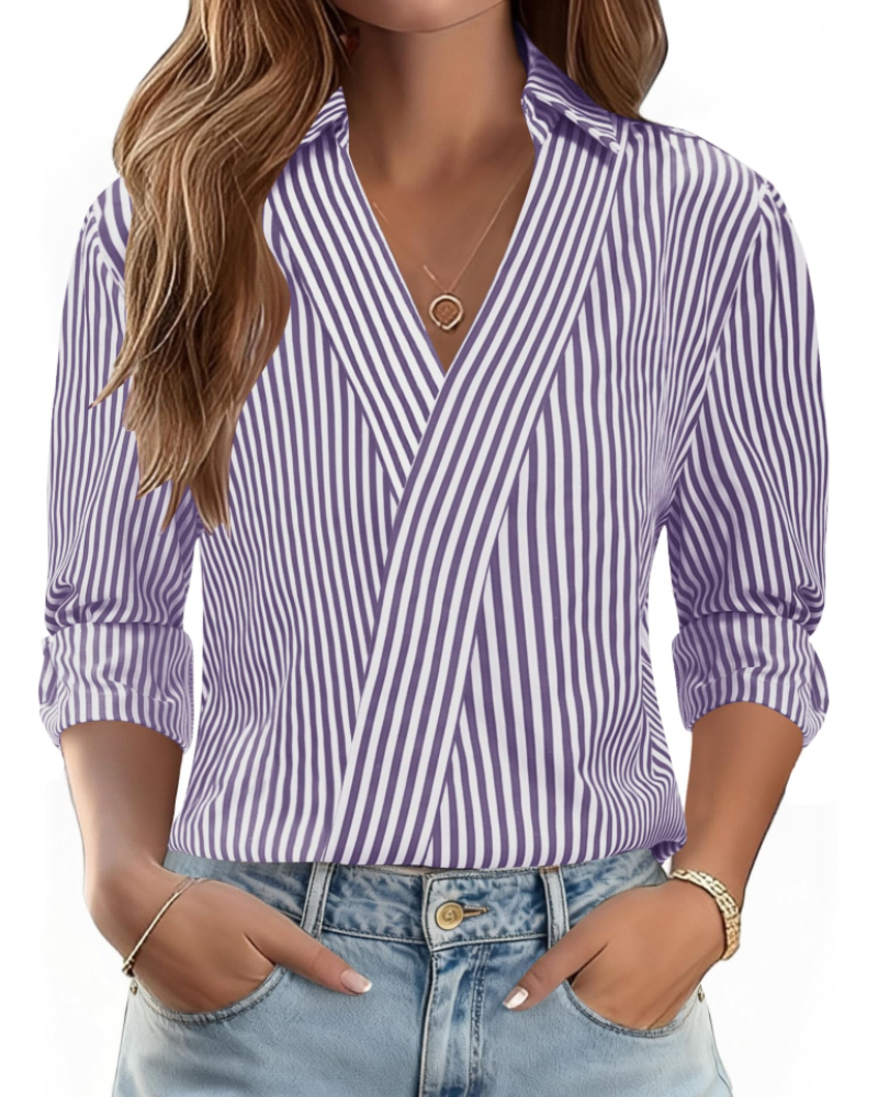 Erma Blusa para Mujer – Cuello en V con Cuello de Camisa, Mangas 3/4 Elegante Casual de Negocios