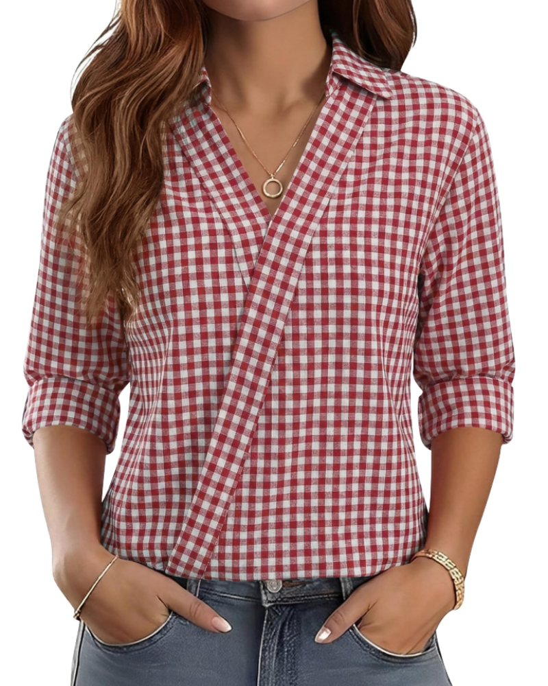 Erma Blusa para Mujer – Cuello en V con Cuello de Camisa, Mangas 3/4 Elegante Casual de Negocios