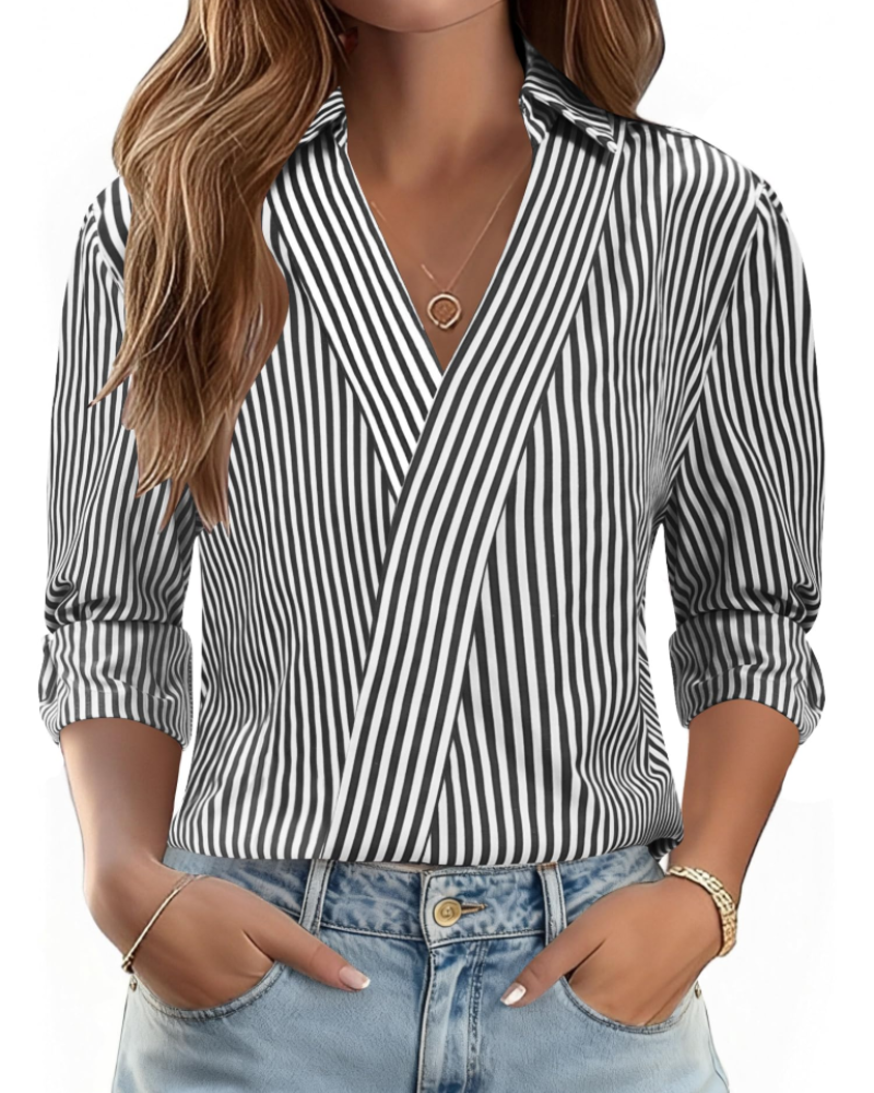 Erma Blusa para Mujer – Cuello en V con Cuello de Camisa, Mangas 3/4 Elegante Casual de Negocios