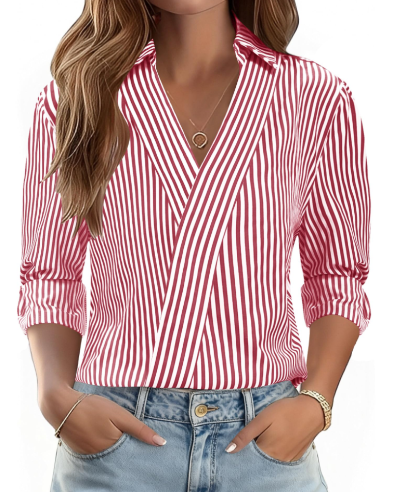 Erma Blusa para Mujer – Cuello en V con Cuello de Camisa, Mangas 3/4 Elegante Casual de Negocios