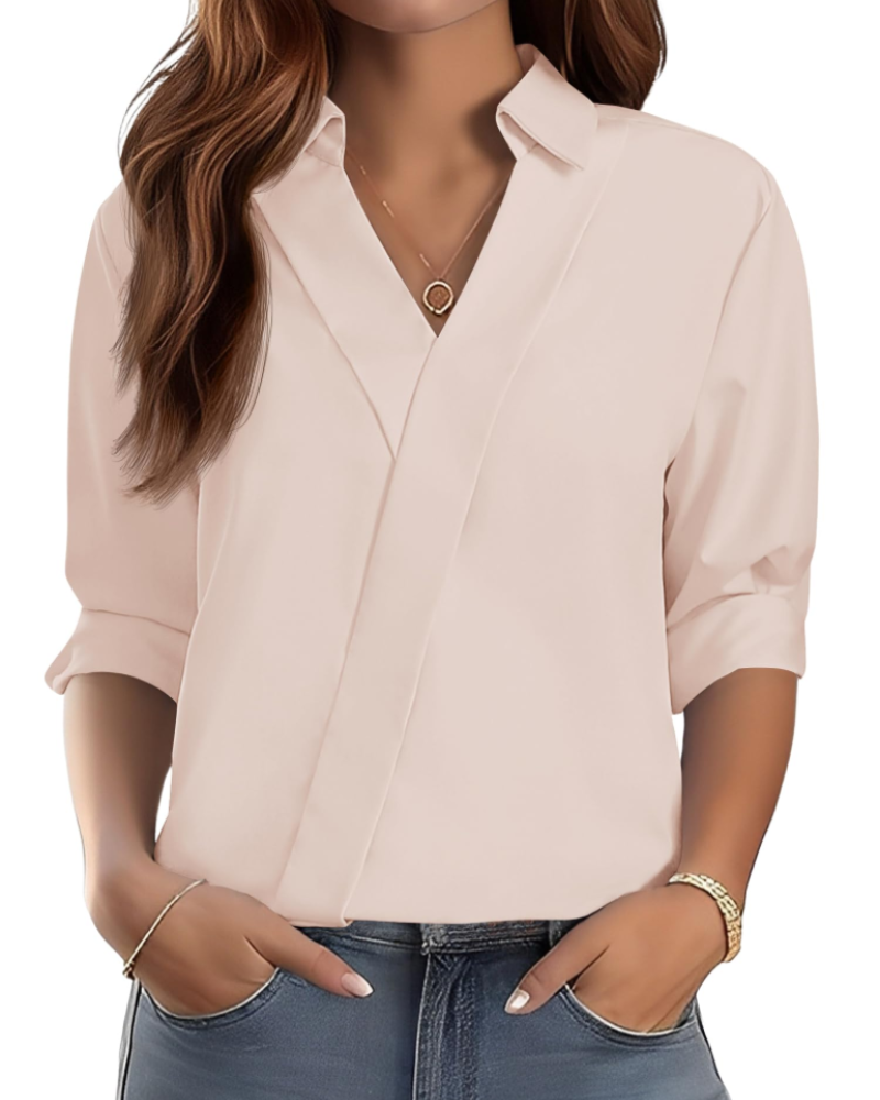 Erma Blusa para Mujer – Cuello en V con Cuello de Camisa, Mangas 3/4 Elegante Casual de Negocios