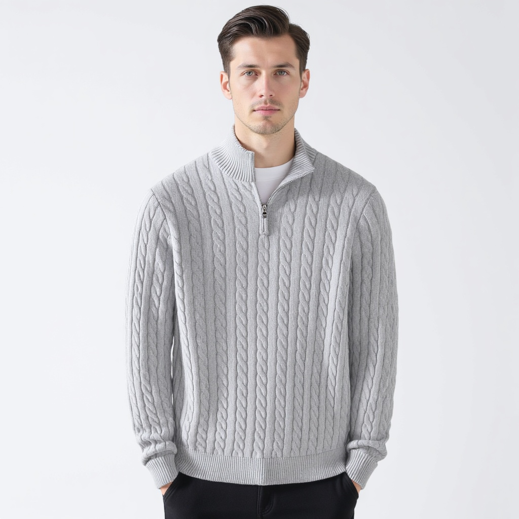 Pull Kiel Homme à Demi-Zip en Pletenina Torsadée – Elegantní svetr s vysokým límcem z vlněné směsi v klasickém stylu