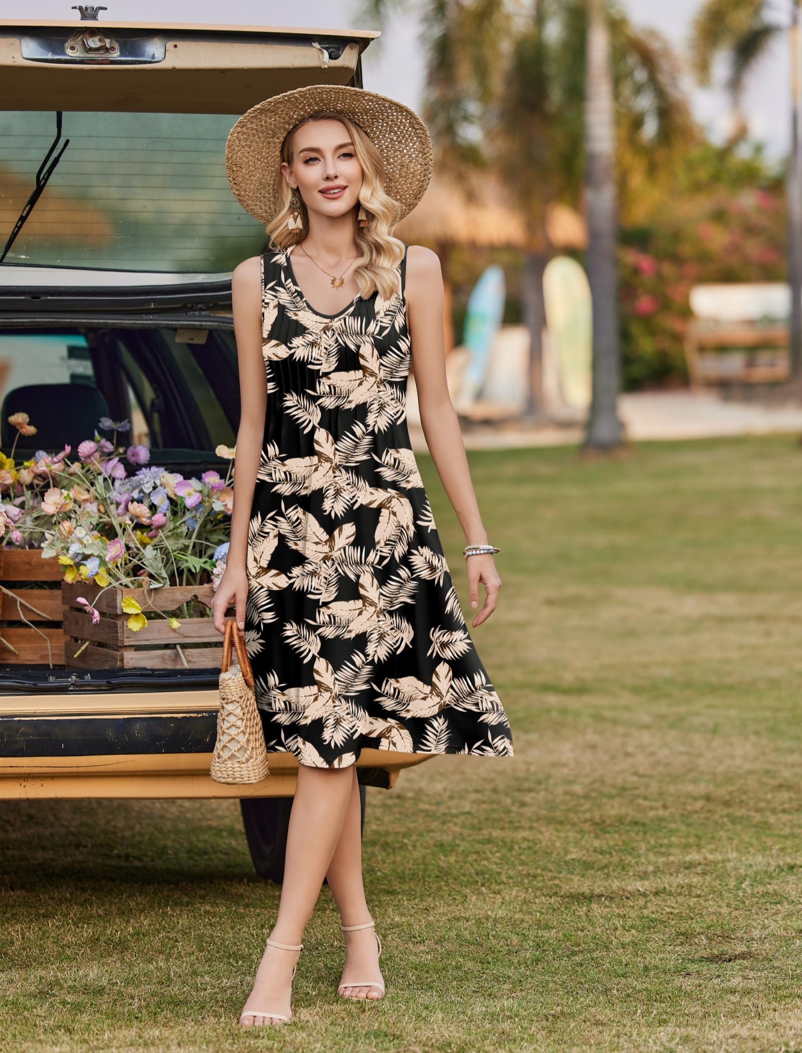 Vestido Zita para mujer – Cuello en V sin mangas, corte línea A midi y bolsillos con cintura plisada verano