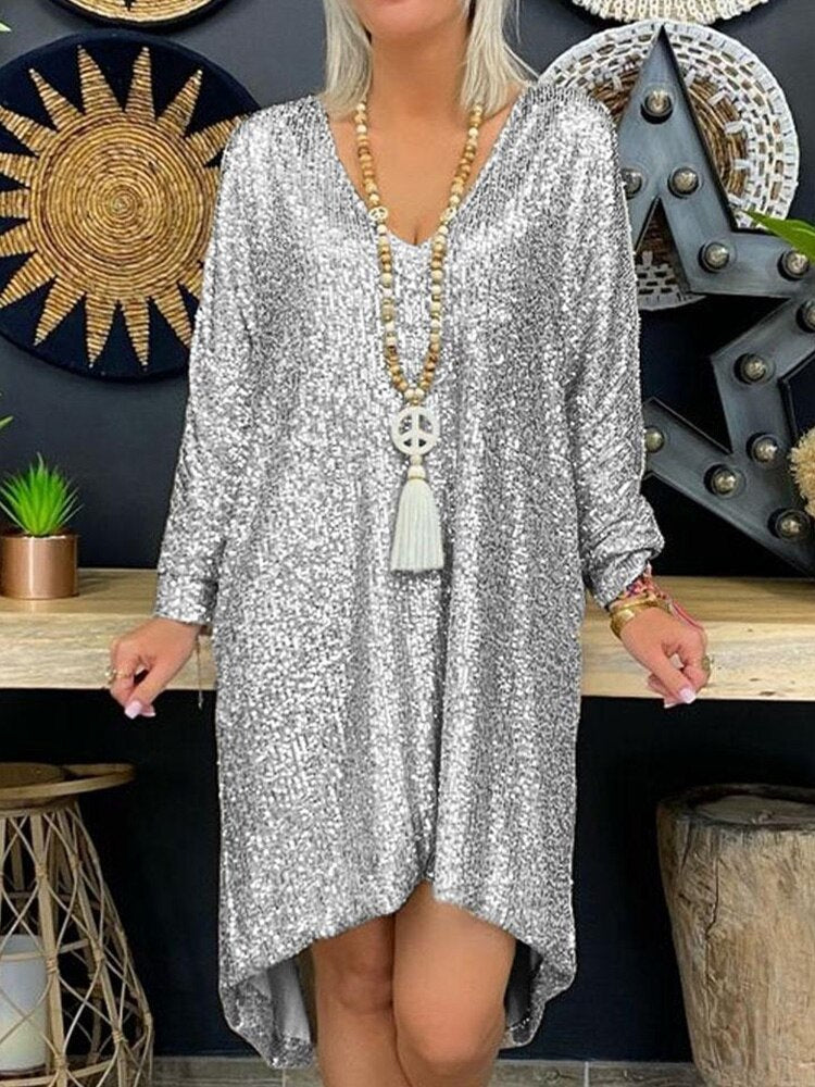 Abito da sera da donna Natalie - Abito ampio con paillettes e maniche lunghe per serate eleganti