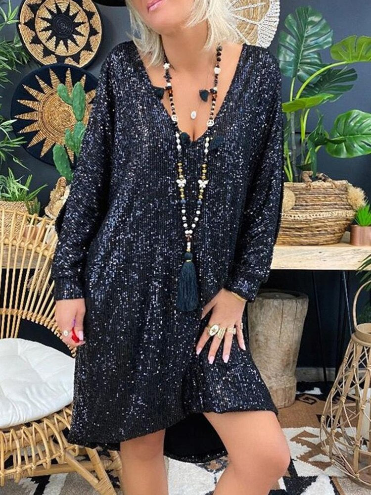 Natalie Robe de Soirée Femme – Robe Ample à Paillettes avec Manches Longues pour Soirées Élégantes