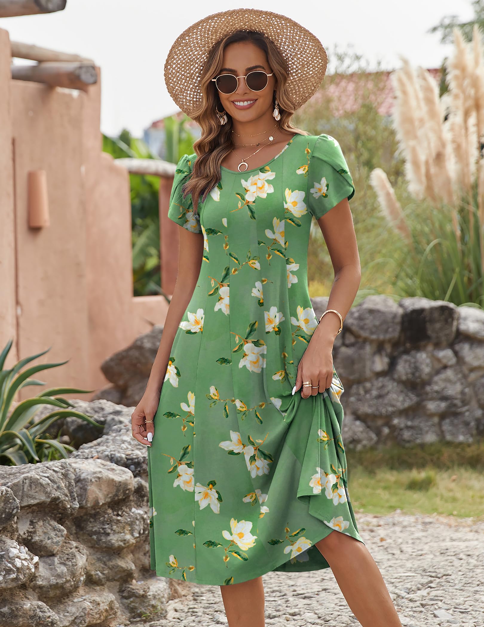 Wella Robe Femme – Rochie de vară cu guler rotund, mâneci scurte, croială evazată midi și buzunare