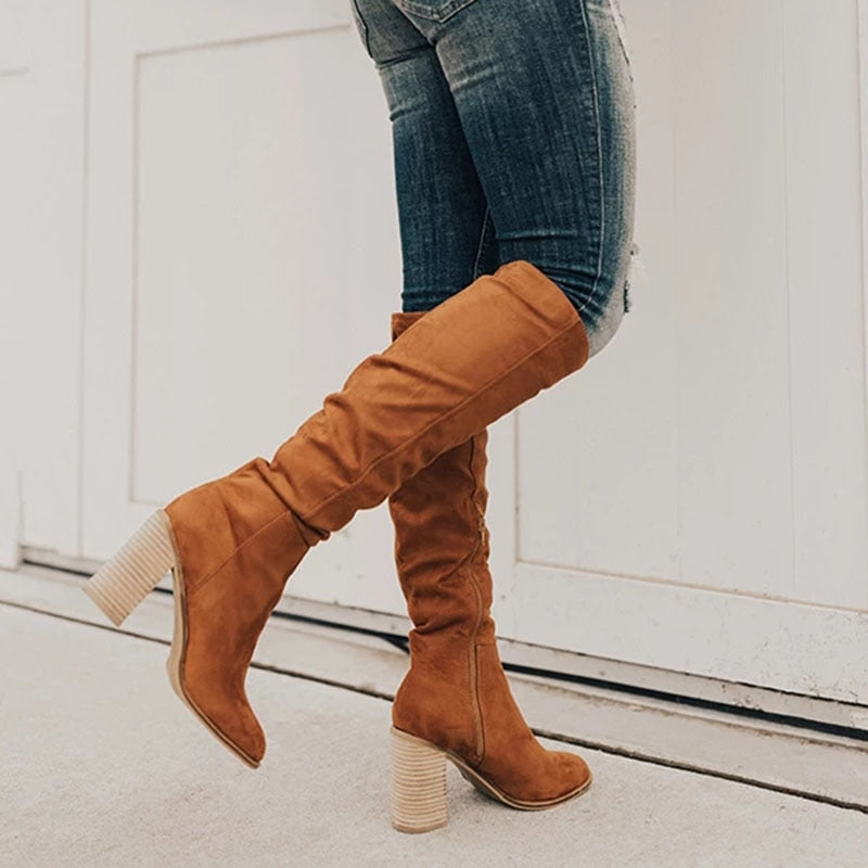 Zuri Bottes Hautes Suédées Femme – Cuissardes Élégantes à Talon Bloc & Doublure Confort