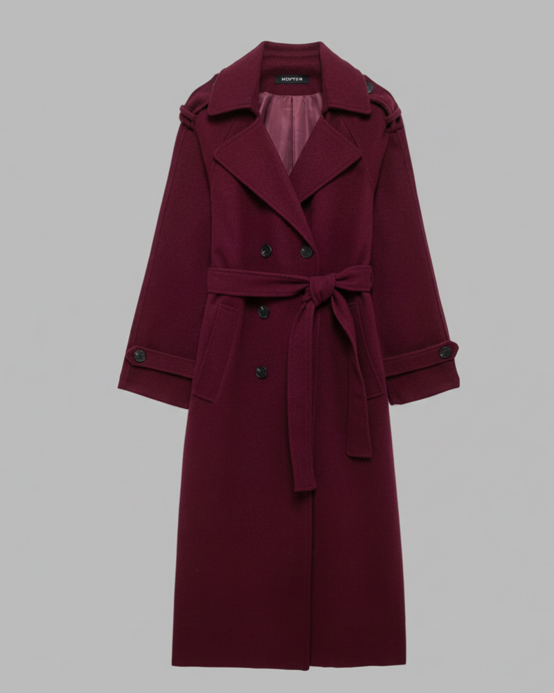 Imani Manteau d’Hiver Femme Bordeaux – Ceinturé, Double Boutonnage & Élégance Classique