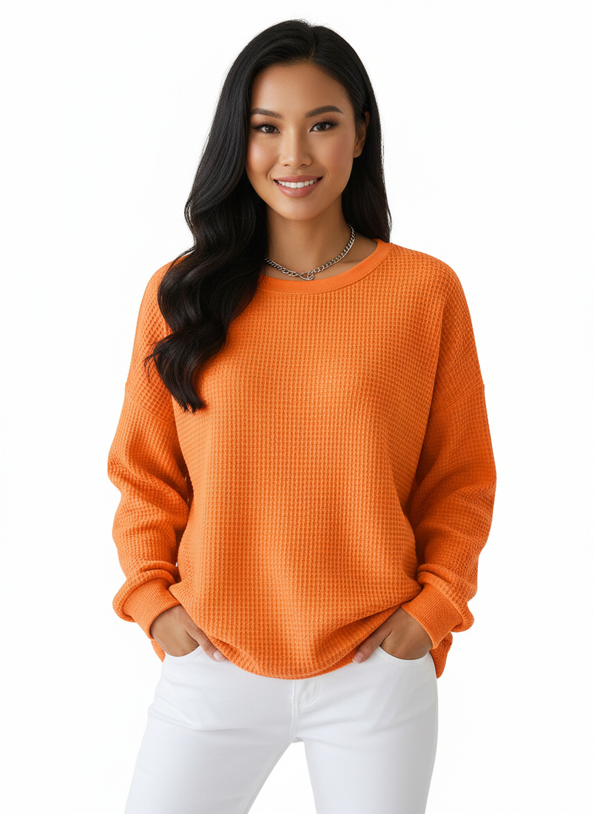 Ireneah Pull Femme Maille Waffle – Pull Oversize Confortable en Coton Mélangé