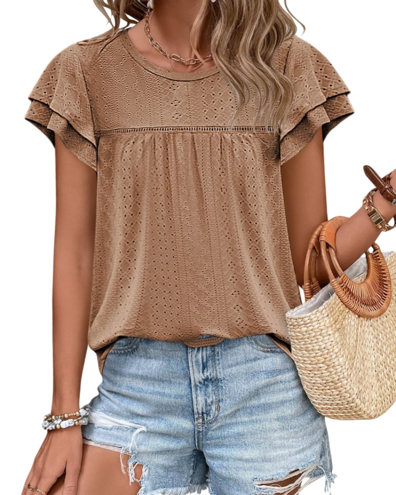 Isara Top Femme – Blouse Eyelet met Volants, Vloeiende Babydoll Pasvorm & Chic Zomerstijl