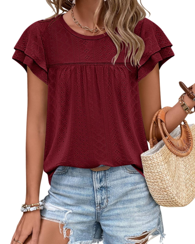 Isara Top Femme – Blouse Eyelet met Volants, Vloeiende Babydoll Pasvorm & Chic Zomerstijl