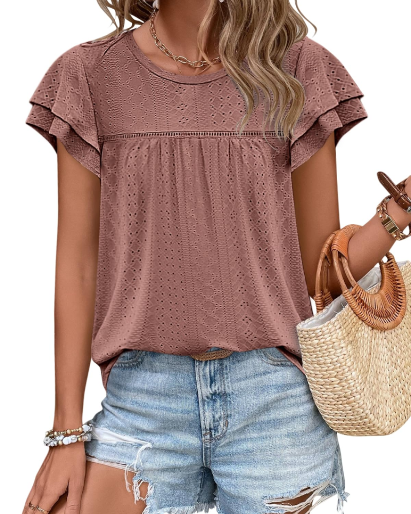 Isara Top Femme – Blouse Eyelet met Volants, Vloeiende Babydoll Pasvorm & Chic Zomerstijl
