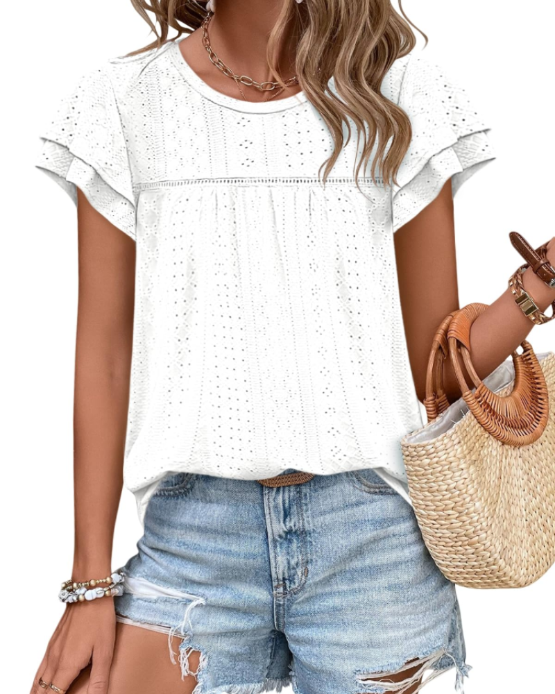 Isara Top Femme – Blouse Eyelet met Volants, Vloeiende Babydoll Pasvorm & Chic Zomerstijl