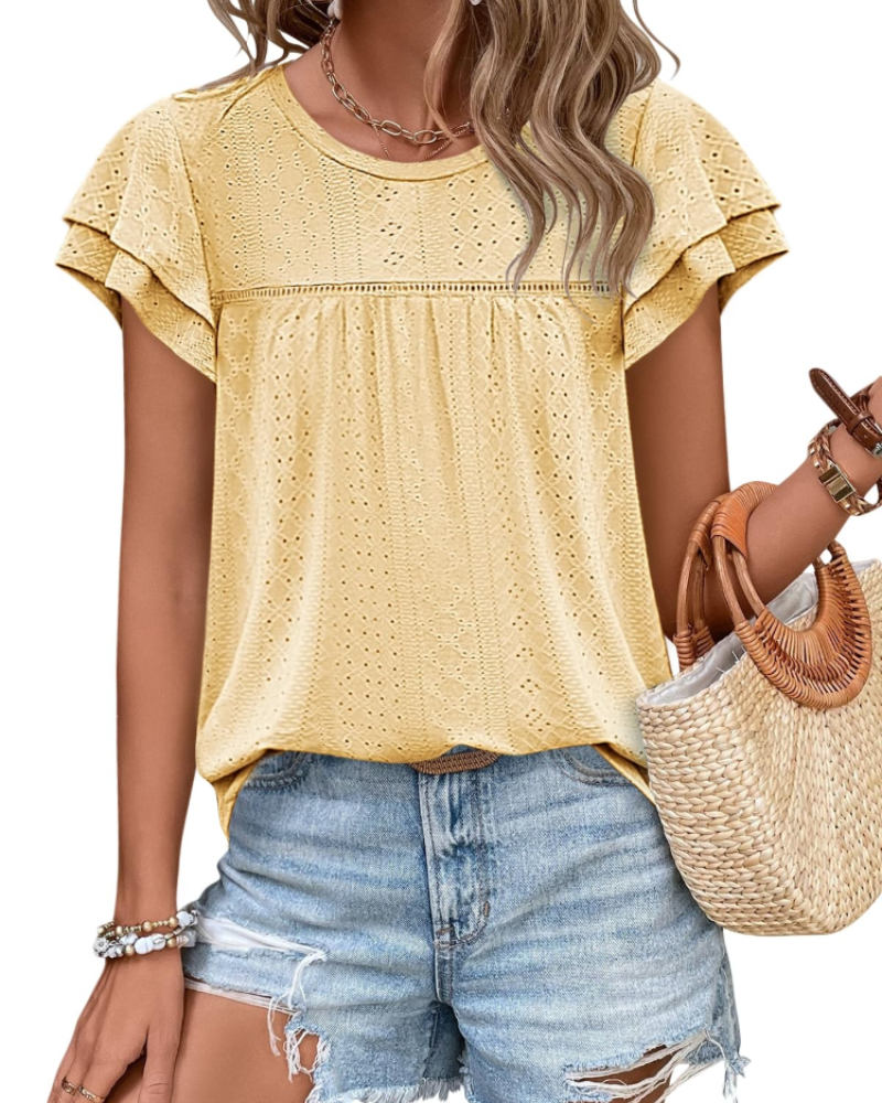 Isara Top Femme – Blouse Eyelet met Volants, Vloeiende Babydoll Pasvorm & Chic Zomerstijl