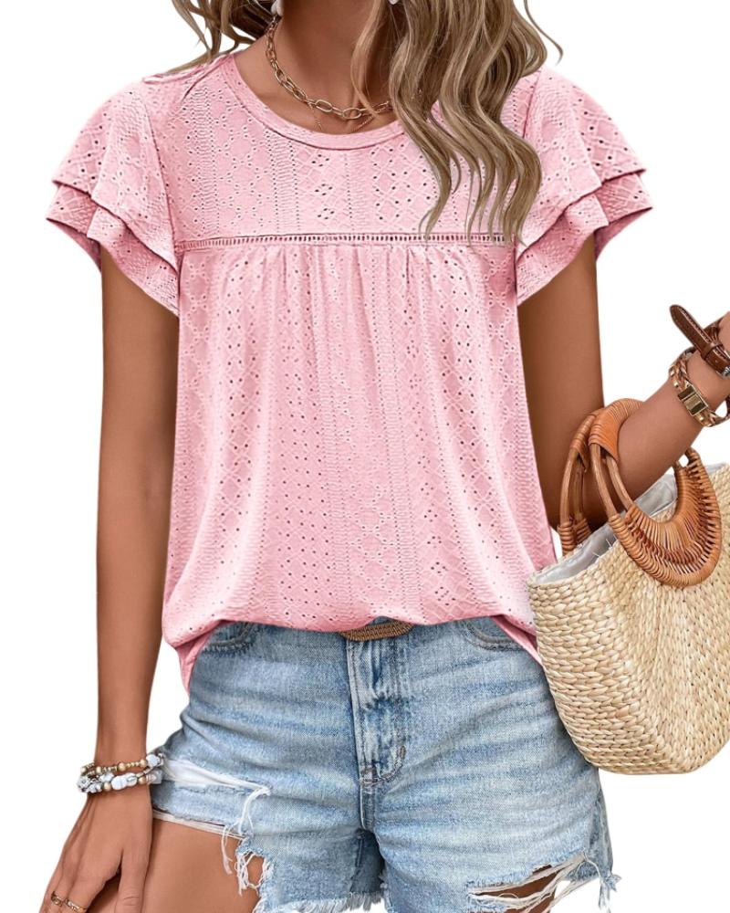 Isara Top Femme – Blouse Eyelet met Volants, Vloeiende Babydoll Pasvorm & Chic Zomerstijl