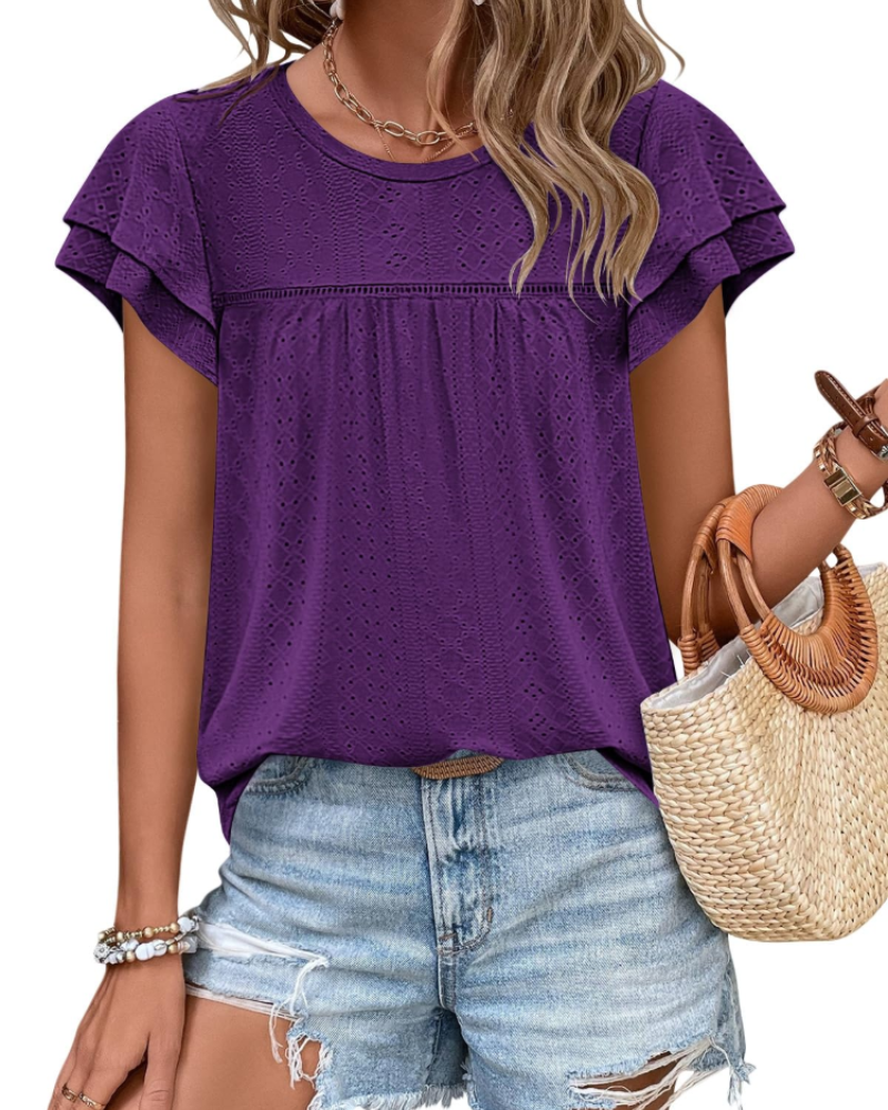 Isara Top Femme – Blouse Eyelet met Volants, Vloeiende Babydoll Pasvorm & Chic Zomerstijl