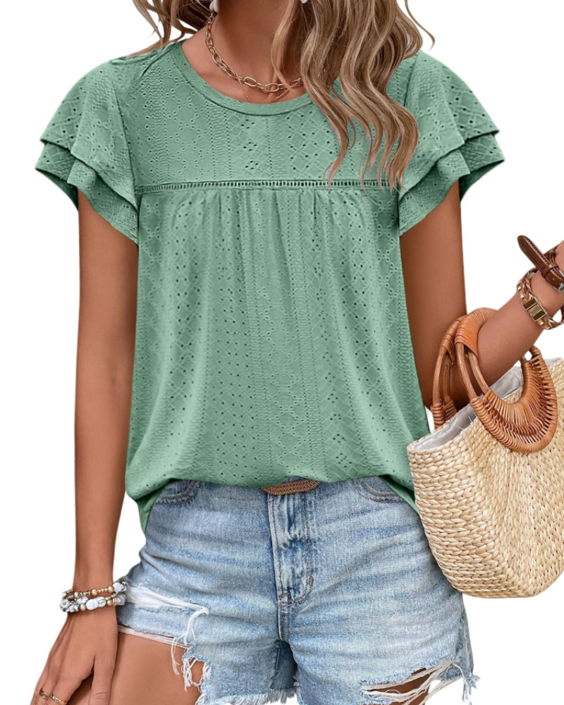 Isara Top Femme – Blouse Eyelet met Volants, Vloeiende Babydoll Pasvorm & Chic Zomerstijl