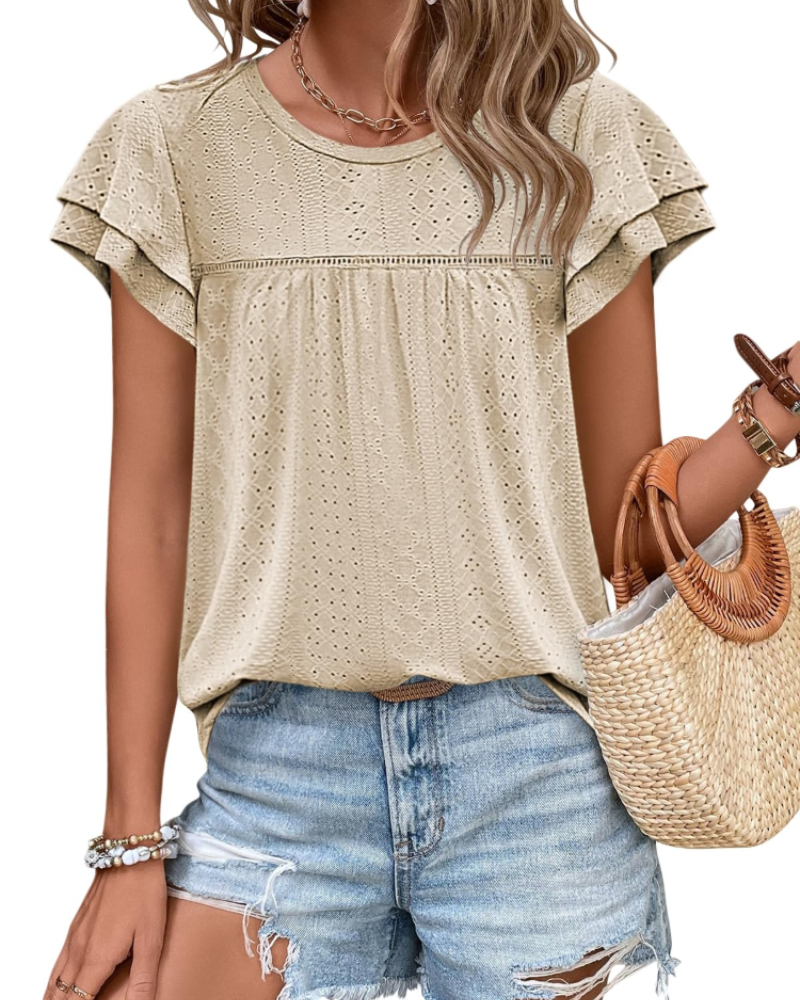 Isara Top Femme – Blouse Eyelet met Volants, Vloeiende Babydoll Pasvorm & Chic Zomerstijl