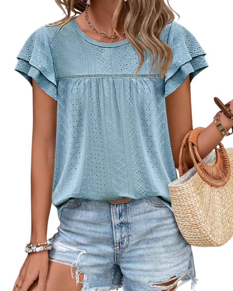 Isara Top Femme – Blouse Eyelet met Volants, Vloeiende Babydoll Pasvorm & Chic Zomerstijl